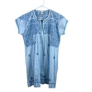 Becasa Hand Embroidered Shirt Dress Relaxed Mini Dress Blue Large